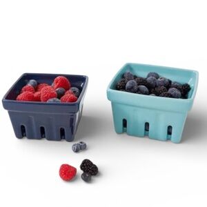 Katie Kime Berry Bowl Colanders Set of 2 Ceramic Like New Teal and Dark Blue